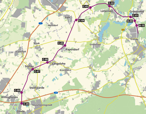 Standorte der Infotafeln an der BahnRadWege-Route C