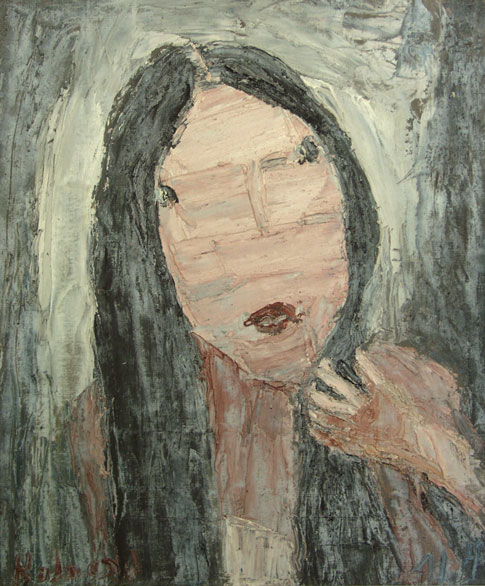 Frau mit langem schwarzen Haar, Öl auf Leinwand/Sperrholz, 1975