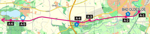 Standorte der Infotafeln an der BahnRadWege-Route A