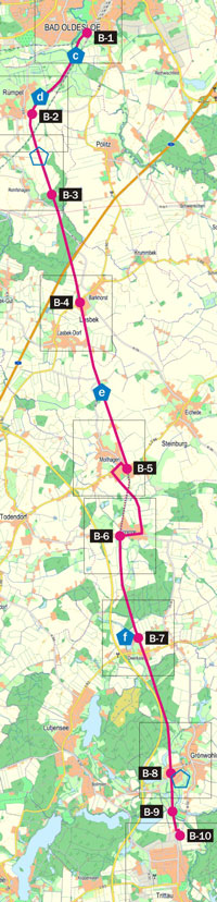 Standorte der Infotafeln an der BahnRadWege-Route B