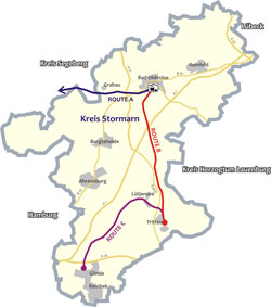 Übersicht der BahnRadWege-Routen A,B und C im Kreis Stormarn