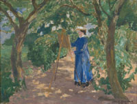 Fritz Overbeck: Hermine in blauer Malschürze, Öl/Karton, nach 1905 Fritz Overbeck: Hermine in blauer Malschürze, Öl/Karton, nach 1905