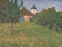 Hermine Overbeck-Rohte: Worpsweder Kirche, Öl/Karton, 1896/97 Hermine Overbeck-Rohte: Worpsweder Kirche, Öl/Karton, 1896/97