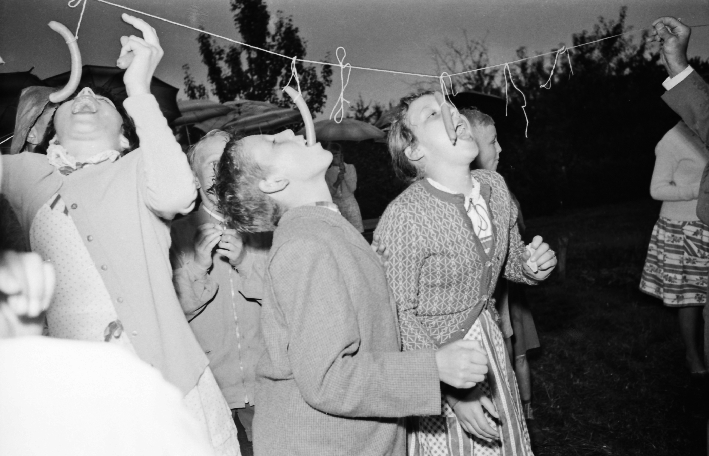 Bad Oldesloe: Kleingärtnerverein Fuhlenstegen e.V.: Rümpeler Weg / Finkenweg: Garten- und Kinderfest: Spiel: Kinder beim Würstchenschnappen, 1959