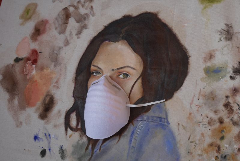Merit Binding, „Resistenza“, Öl auf Leinwand mit Atemschutzmaske, 37x50 cm