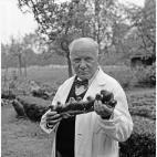 Kuöhl, Richard: Rohlfshagen/Kupfermühle im Garten seines Hauses "Schäferkate" anlässlich seines 80. Geburtstages mit einer Vogel-Keramikplastik in der Hand, 1960